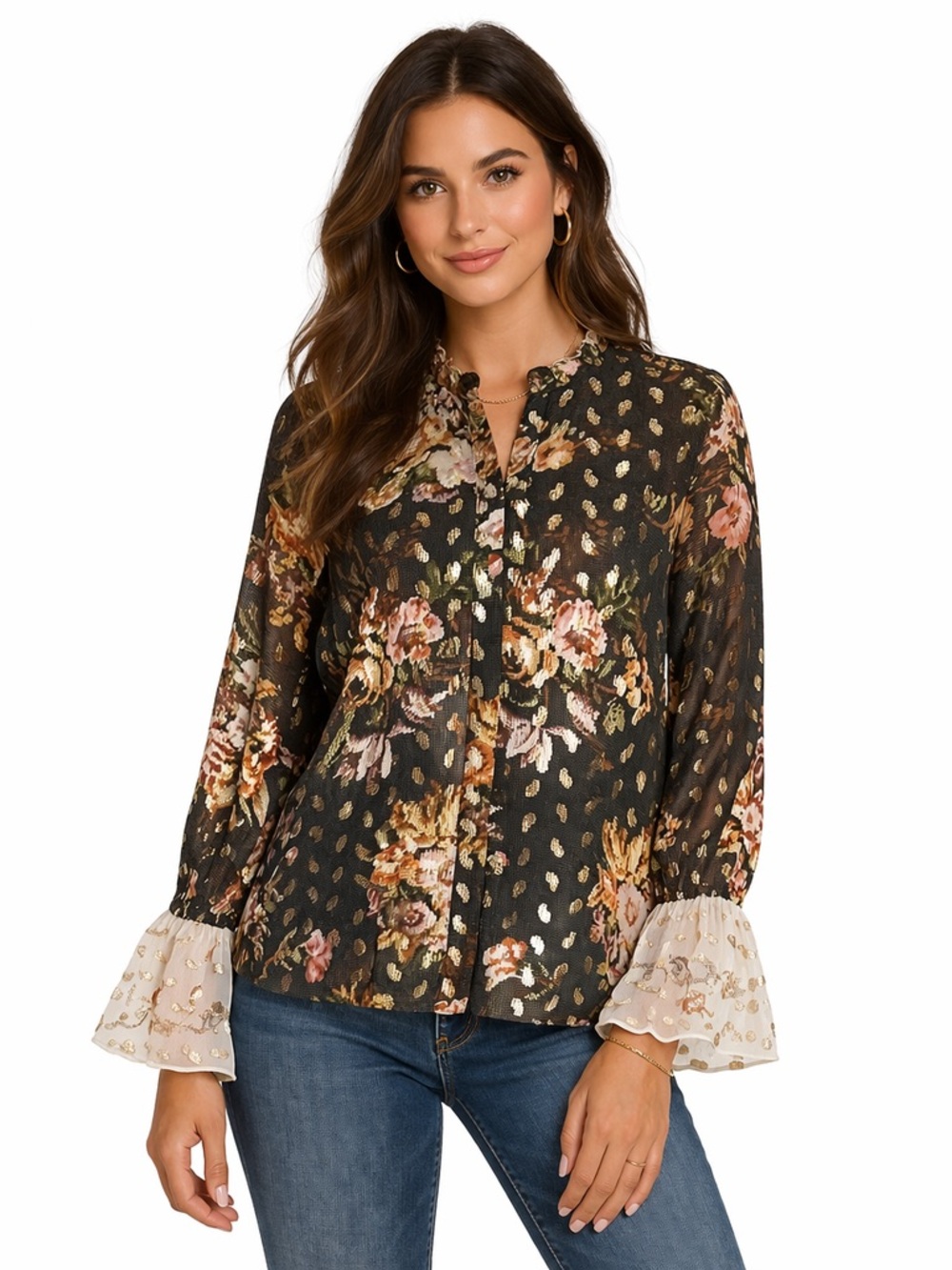 Kobi Halperin Ali Floral Metallic Blouse Small Lace Ruffle Sleeve Boho‎ Chic